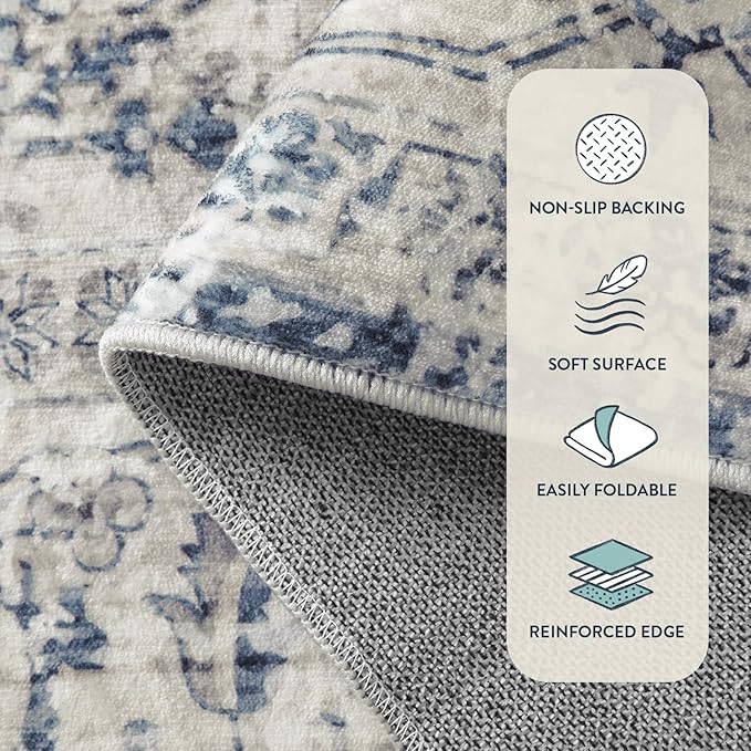 Lahome Oriental Washable Small Area Rug, 2x3 Rugs for Entryway Kitchen, Ultra-Thin Soft Indoor Door Mat Non Slip Throw Carpet for Bedroom Bathroom, Blue