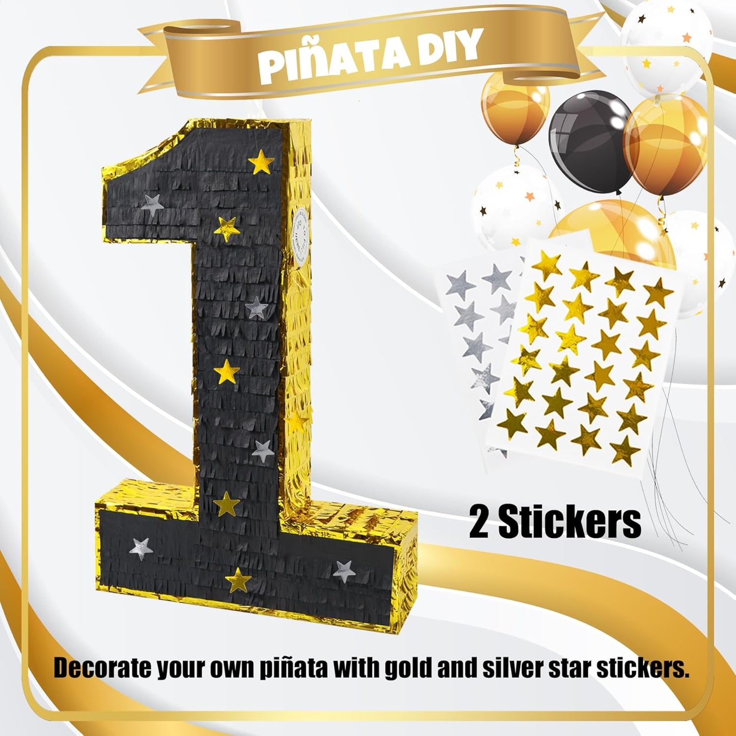 PCFING 20 Inch Number 1 Piñata Gold Black with 30 Inch Piñata Stick Blindfold Confetti for Man Women Boys Girls Birthday Party Decorations, Anniversary Celebration, Fiesta