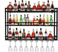 Metal Wine Rack Wall Mounted, Bar Shelves for Liquor Bottles with LED Light, 3 Tier Large Capacity Liquor Rack Wall Mounted with Glass Holder for Home Bar & Dining Room （Black, 79in/200cm）