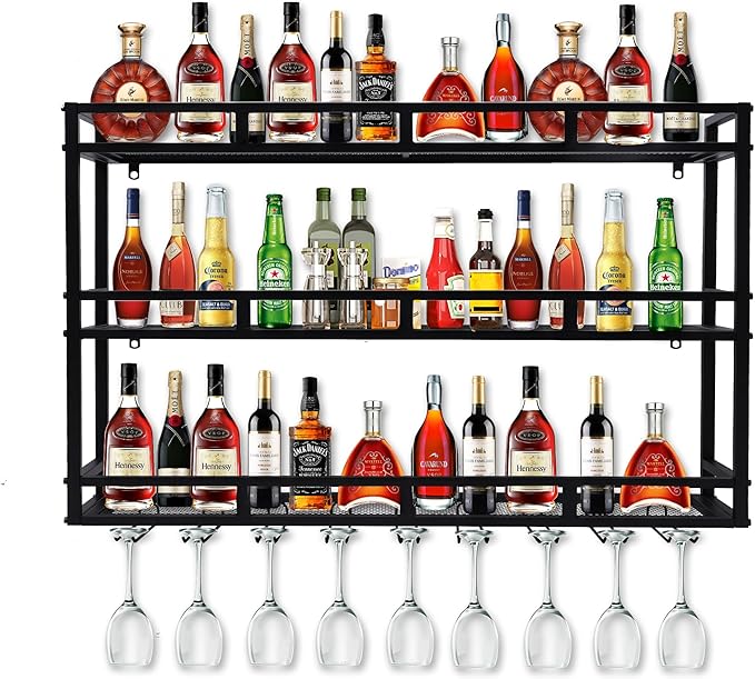Metal Wine Rack Wall Mounted, Bar Shelves for Liquor Bottles with LED Light, 3 Tier Large Capacity Liquor Rack Wall Mounted with Glass Holder for Home Bar & Dining Room （Black, 59in/150cm）