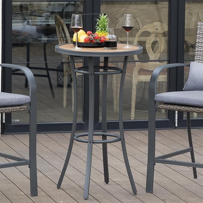 Bar Height Patio Table, 40-Inch Outdoor Pub Table Bistro Table with Wooden-Like Table Top & Metal Frame