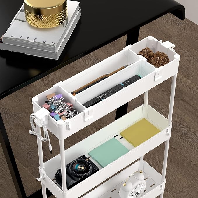 SPACELEAD Slim Storage Cart 4 Tier,Bathroom Organizer Rolling Utility, Mobile Shelving Unit Slide Out for Office, Kitchen, Laundry Room & Narrow Places,White