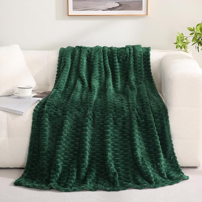Puncuntex Dark Green Throw Blanket 108"×90" inches Fuzzy 3D Jacquard Decorative - Image 2