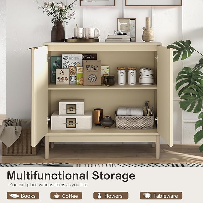 Fluted Cabinet with Storage, Buffet Cabinet Sideborad with Door, Kitchen Buffet Storage Accent Cabinets with Adjustable Shelves for Living Room, Entry, Hallway, Beige