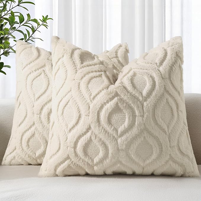 decorUhome Throw Pillow Covers 20x20 Inch Set of 2, Soft Plush Faux Wool Beige by decorUhome