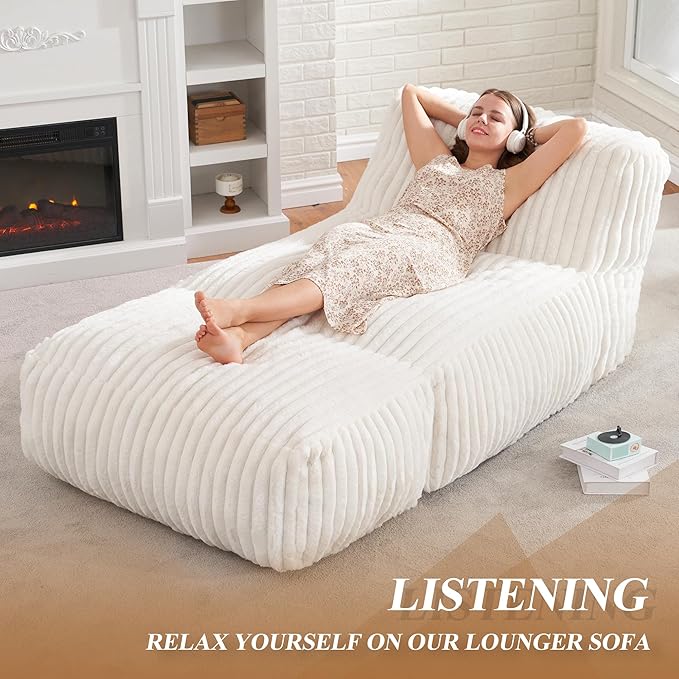 Hobestluk Big Bean Bag Lounger Chairs Large Beanbag Chair for Adults Bean Bag Sofa with Memory Foam Filled for Living Room, Bedroom or Balcony (Stripe White)