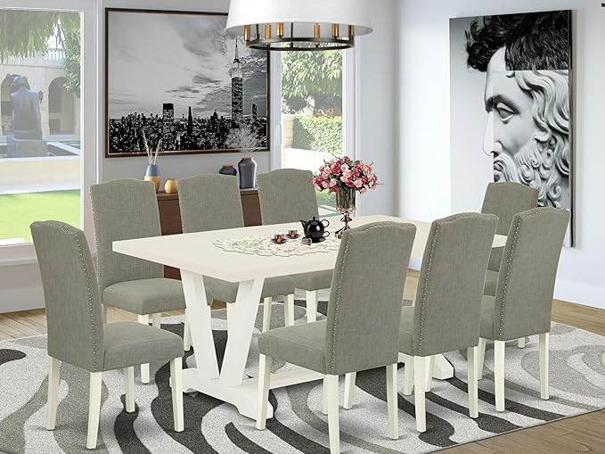 East West Furniture V027EN206-9 9 Piece Dining Room Set Includes a Rectangle Kitchen Table with V-Legs and 8 Dark Shitake Linen Fabric Upholstered Chairs, 40x72 Inch, Multi-Color