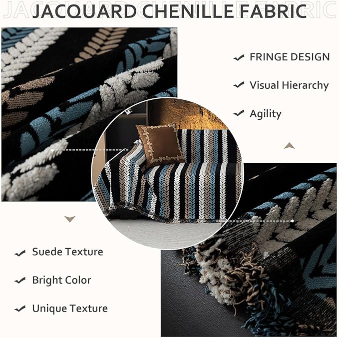 STACYPIK Boho Chenille Sofa Cover, Soft Jacquard Leaves Couch Cover, Non-Slip Loveseat Cover for Sectional Sofa, Washable Pet Protector for 3 Cushion Couch,Multi-use Vintage Throw Slipcover-71x150IN