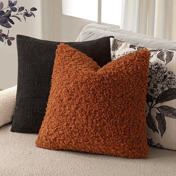 Foindtower 2 Pieces 22x22 Inch Burnt Orange, Faux Fur Throw Pillow Cover Accent Sherpa Furry Pillow Cover Fuzzy Soft Pillowcases Cozy Sheepskin Decorative Fleece Cushion Case for Bed Couch Living Room