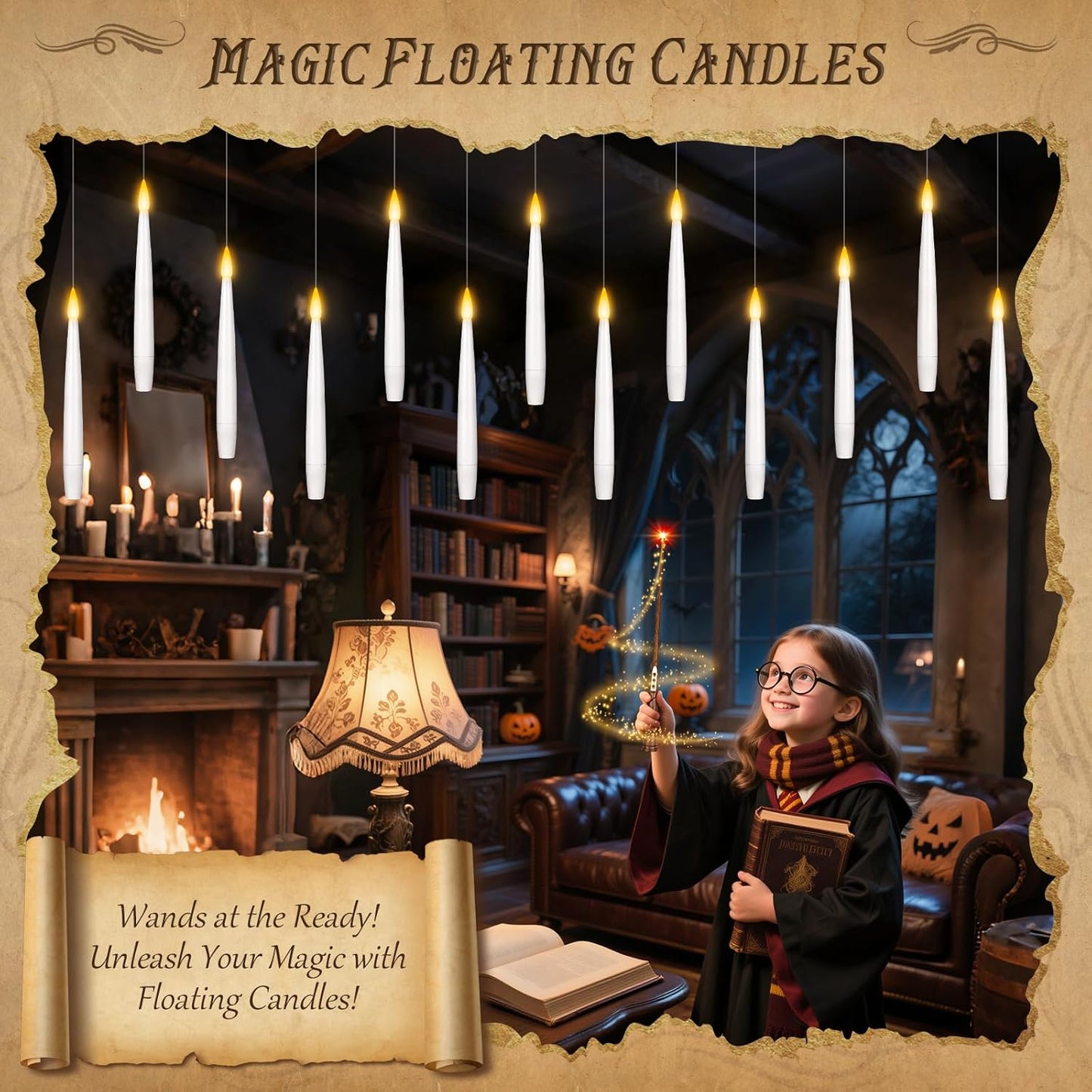 Halloween Decorations, 20 Pcs Floating Candles with Wand Remote, Battery (indluded) Operated Magic Wand Hanging LED Candles, Flameless Flickering Taper Candles for Halloween Christmas Decor Birthday