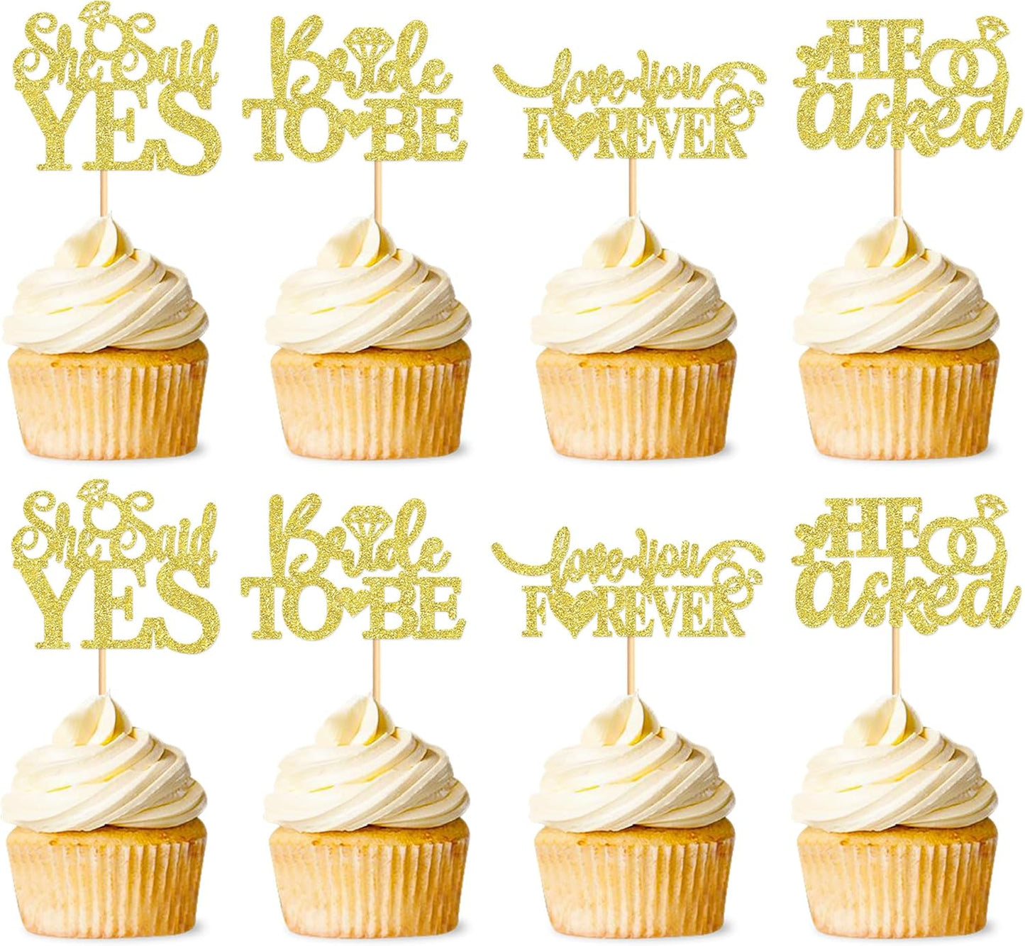 24 Pcs He Asked She Said Yes Cupcake Toppers Cake Picks for Wedding Engagement Party Cake Picks for Wedding Bridal Shower Party Cake Decorations golden