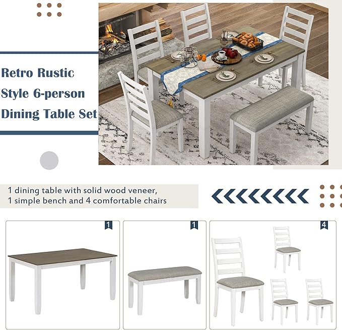Merax 6-Piece Wooden Rectangular Dining Table Set with 4 Upholstered Chairs and Bench, Whitewash+Brown