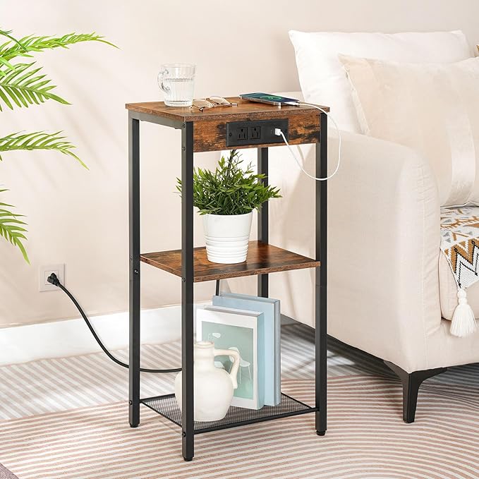 HOOBRO Tall End Table with Charging Station, 30 Inch Tall Nightstand, 3-Tier Side Table with Storage Shelves, for Living Room, Bedroom, Hallway, Rustic Brown BF09UDH01G1