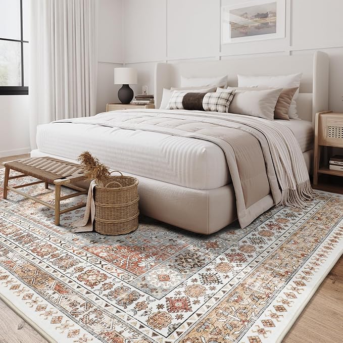 zesthome 6x9 Area Rug, Super Soft Washable Rugs for Living Room, Non-Slip Stain Resistant Vintage Rugs, Ultra-Thin Large Area Rugs (Orange,6'x9')