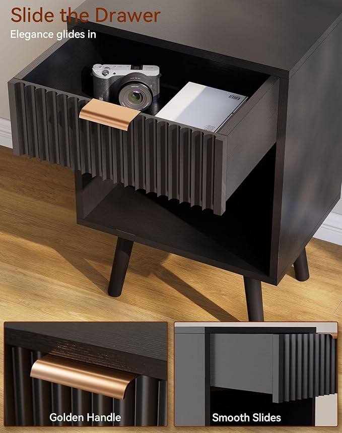 YMYNY Mid Century Modern Nightstand, Side Table, Fluted Night Stand with Drawer, Open Shelf Unit, Golden Handle, Solid Wood Legs, Bedside Table, for Bedroom, Black UHST013B