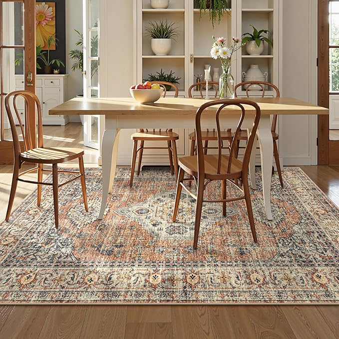 Lahome Oriental Washable Rugs 5x7, Soft 5x7 Rug for Bedroom Living Room, Ultra-Thin Non Slip Stain Resistant Vintage Throw Carpet for ‎Dining Room Office, Peach/Orange