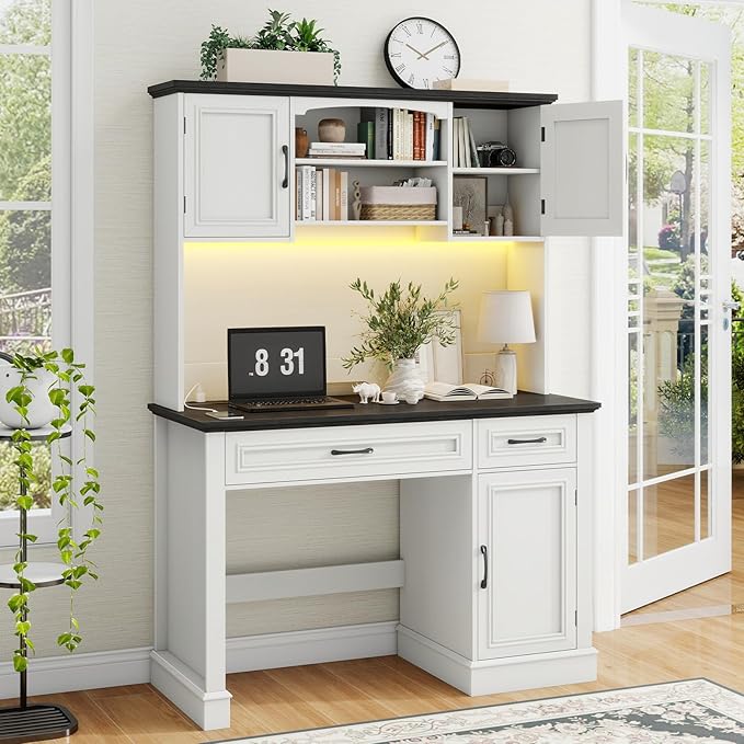 Farmhouse 47" Executive Desk with Hutch, 2 Drawers and LED Light, Computer Desk with Storage Cabinet and Charging Station,Workstation for Home Office and Study.