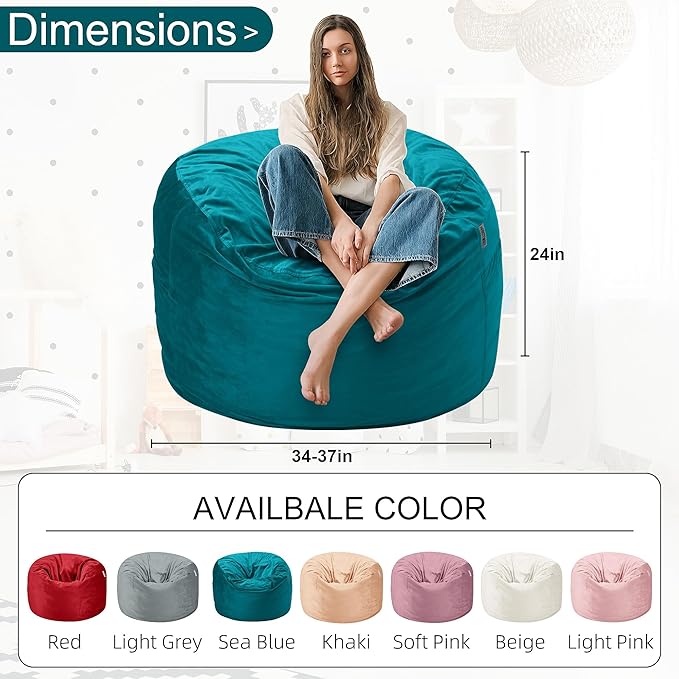 HABUTWAY Bean Bag Chair 3Ft Luxurious Velvet Ultra Soft Fur with High Rebound Memory Foam Bean Bag Chairs for Adults Plush Lazy Sofa with Fluffy Sponge 3' (Sea Blue)