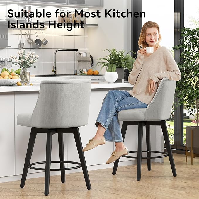 Vipbear Swivel Counter Height Bar Stools Set of 6,26.8" H Counter Stools with Back, Mid Century Modern Bar Stools for Kitchen Island,Linen Fabric,Wooden Base, White