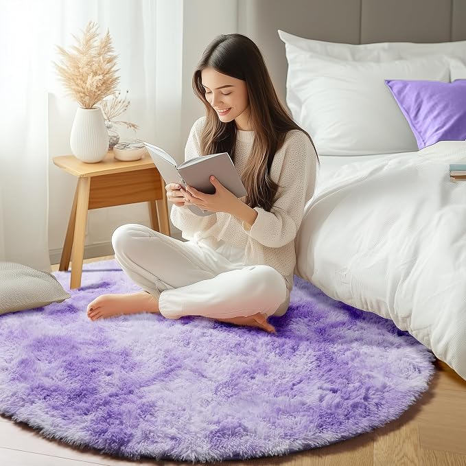 ONASAR Round Rugs 5ft for Bedroom Living Room, Tie-Dyed Purple Fluffy Circle - Image 5