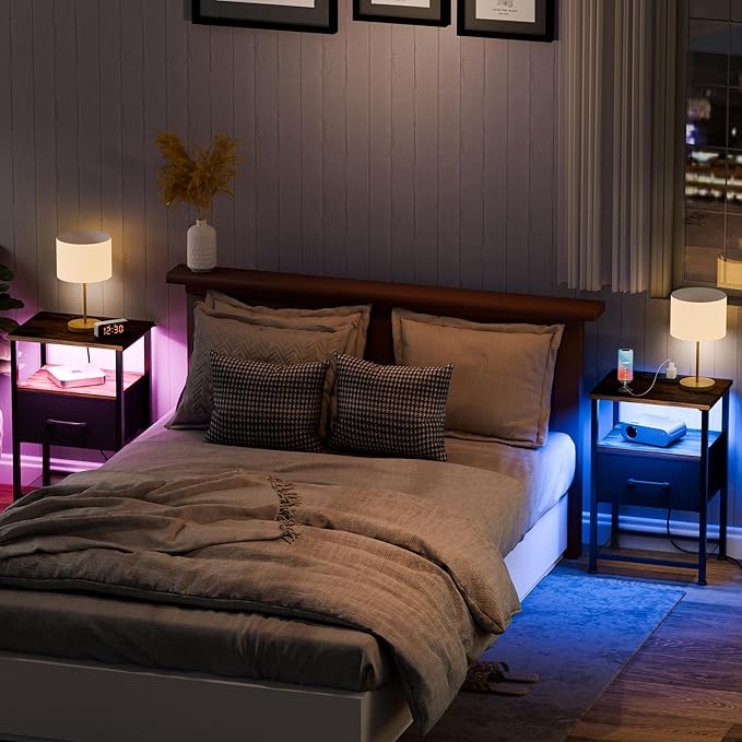 Nightstands Set of 2 with Charging Station and Drawer, End Table Bedside Table with 20 Colors LED Light Strip and 2 Layers Shelf for Bedroom Living Room (Rustic Brown)