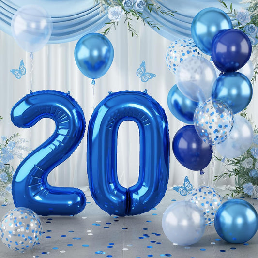 Dark Blue 20" Number 20 Balloon, Metallic Light Navy Blue Silver Confetti Balloon - Self Inflating Helium Foil for Men's 20th Birthday Party Decorations