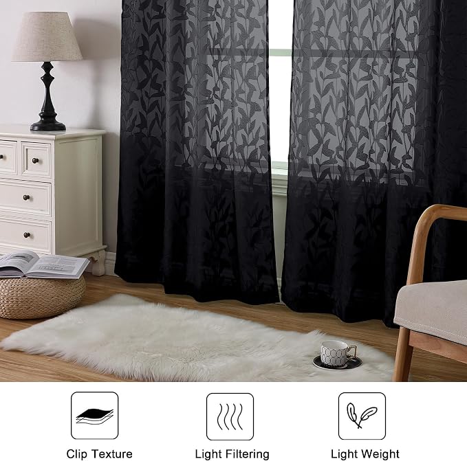 Lecloud Leia Black Sheer Curtains 96 Inches Long 2 Panels, Airy Leaf Jacquard - Image 8