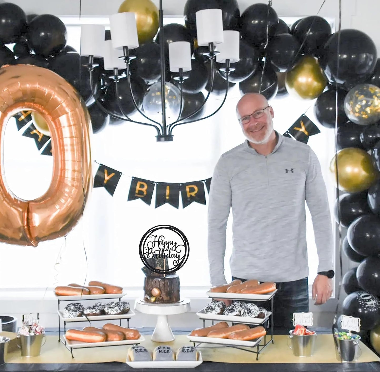 Happy Birthday Cake Topper - Black Glitter Happy Birthday Cake Decoration Supplies for Children or Adults - Happy Birthday Cake Bunting Decor, Photo Booth Props