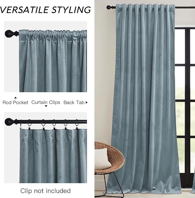 RYB HOME Stone Blue Velvet Curtains 72 inches - Image 3