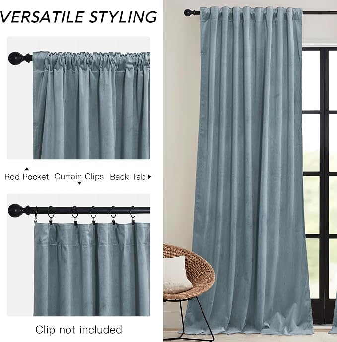 RYB HOME Stone Blue Velvet Curtains 63 inches - Image 3