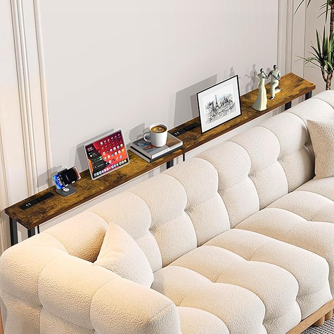 GRLEAF 70" Sofa Table with Built-in Power Strip (4 AC Outlets & 4 USB Ports) – 4.9ft Power Cord, Metal Frame, Easy Assembly, Long Couch Table Behind Sofa, Living Room and Home Office | Rustic Brown