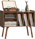 Lerliuo Record Player Stand with 4 Cabinet Holds Up to 220 Albums, Large Turntable Stand with Beech Wood Legs, Mid-Century Record Player Table,Retro Brown Vinyl Holder Storage for Bedroom Living Room