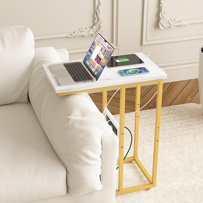 VECELO C Shaped End Side Table with Charging Station & Power Outlets for Couch Sofa/Bed Snack TV Tray with Metal Frame for Living Room Bedroom 2 Set, Gold