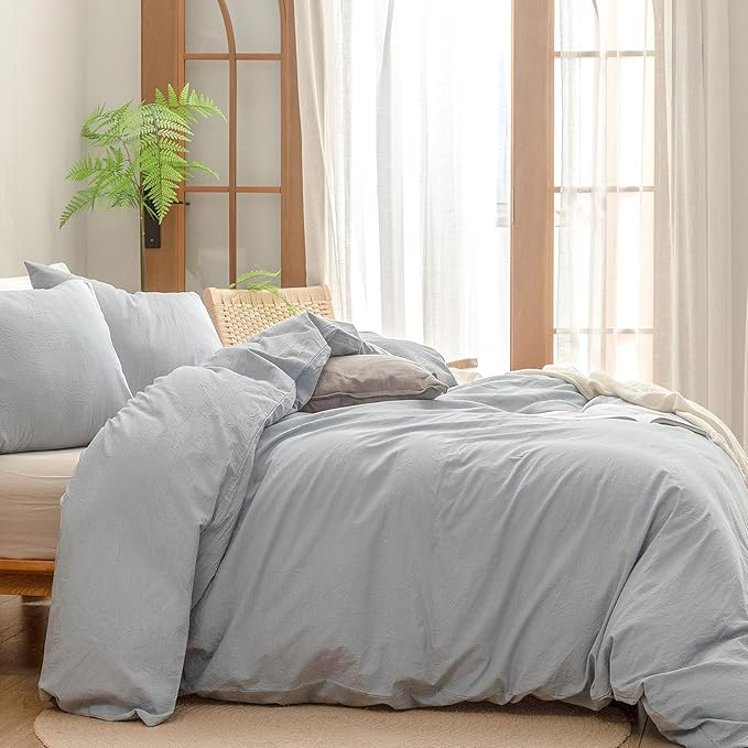 BESTOUCH Duvet Cover Set 100% Washed Cotton Linen Feel Super Soft Comfortable Chic Lightweight 3 PCs Home Bedding Set Solid Cornflower Blue Super King
