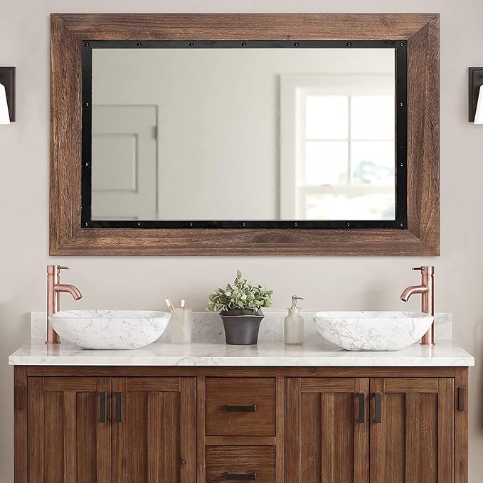 YOSHOOT Rustic Wooden Framed Wall Mirror, 30"x20", Natural Wood and Iron Bathroom Vanity Mirror for Farmhouse Decor, Vertical or Horizontal Hanging