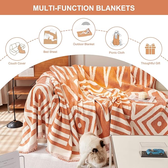 STACYPIK Thick Warm Orange Sofa Cover Armchair Slipcovers Boho Geometric Couch Cover for Sectional Sofa Caramel Loveseat Cover Anti-Slip Chenille Couch Protector for 2 Cushion Couch Home Decor-71X90IN