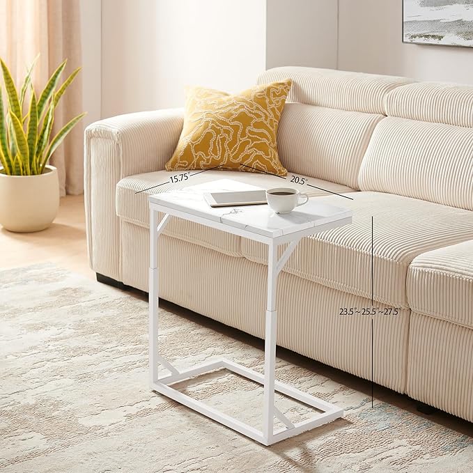 C-Shaped End Table, Small Sofa Table with Metal Frame, Adjustable Height Side Table for Couch, Living Room, Bedroom, Bedside (White, Medium)