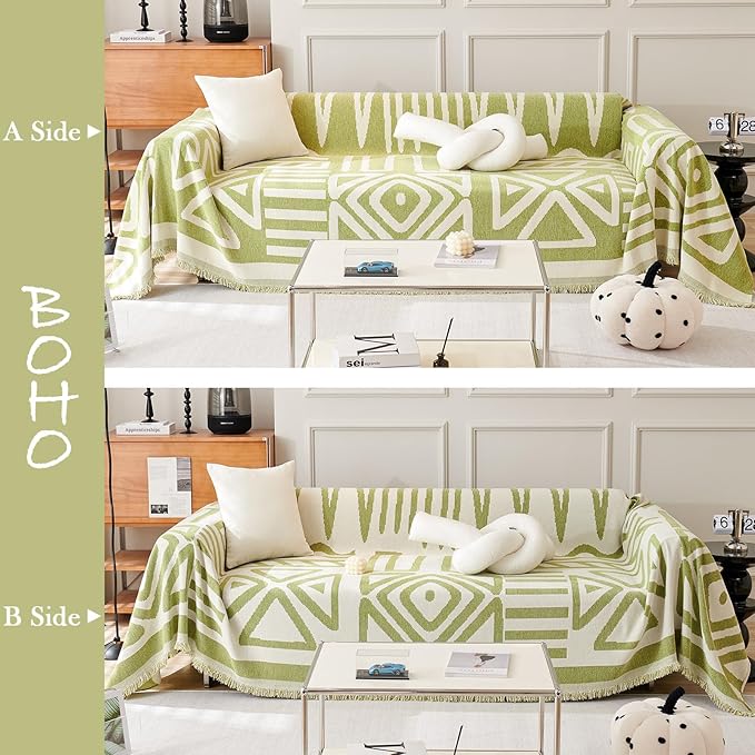 HANDONTIME Green Sofa Covers Chenille Couch Covers Universal Sofa Cover Boho Cover for Sofa 3 Seats Dogs Couch Furniture Protector Couch Cushion Covers Sectional Couch Covers for L Shaped, 91" X150"