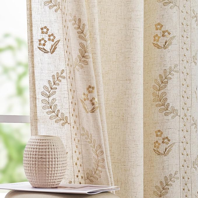 jinchan Belrose Linen Curtains for Bedroom Floral Curtains 84 Inch Length Linen by JINCHAN