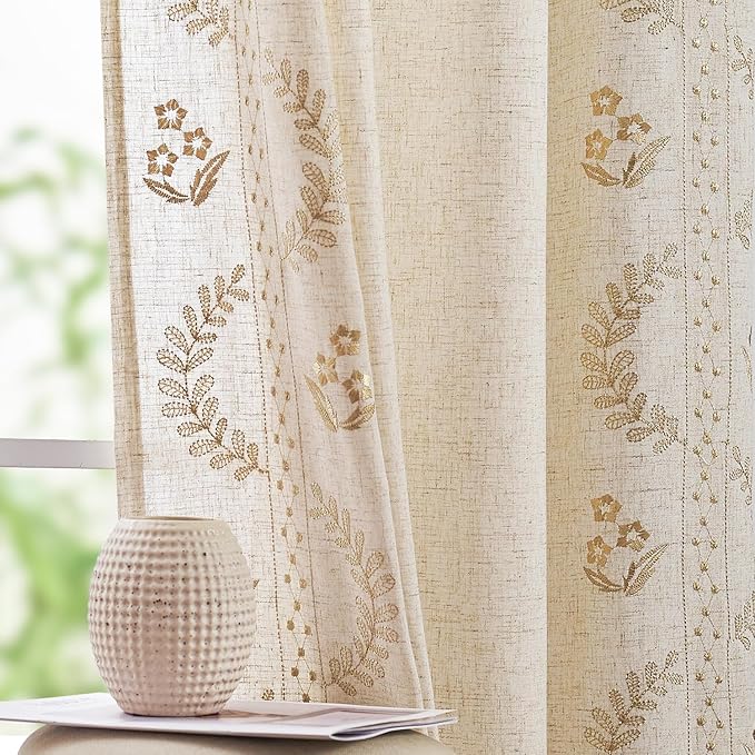jinchan Belrose Linen Curtains for Bedroom Floral Curtains 63 Inch Length Linen by JINCHAN