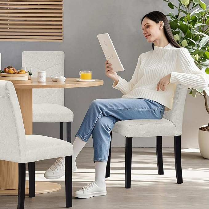 VECELO Upholstered Dining Chairs Set of 2, Fabric Wood Legs High Back for Kitchen Living Room, Beige