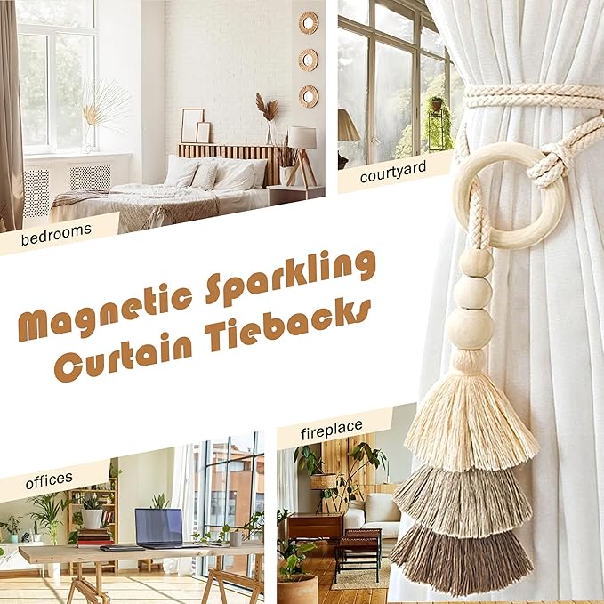 SRG Rope Curtain Tiebacks with Tassel Boho 2 PCS Handmade Wooden Ring Curtain - Image 7