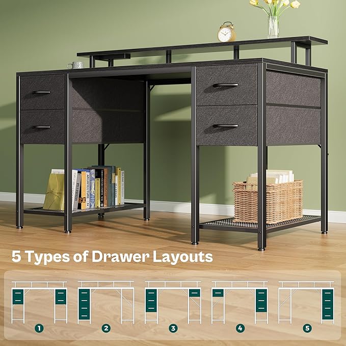 Huuger 55 inch Computer Desk with 4 Drawers, Gaming Desk with LED Lights & Power Outlets, Home Office Desk with Large Storage Space for Bedroom, Work from Home, Black