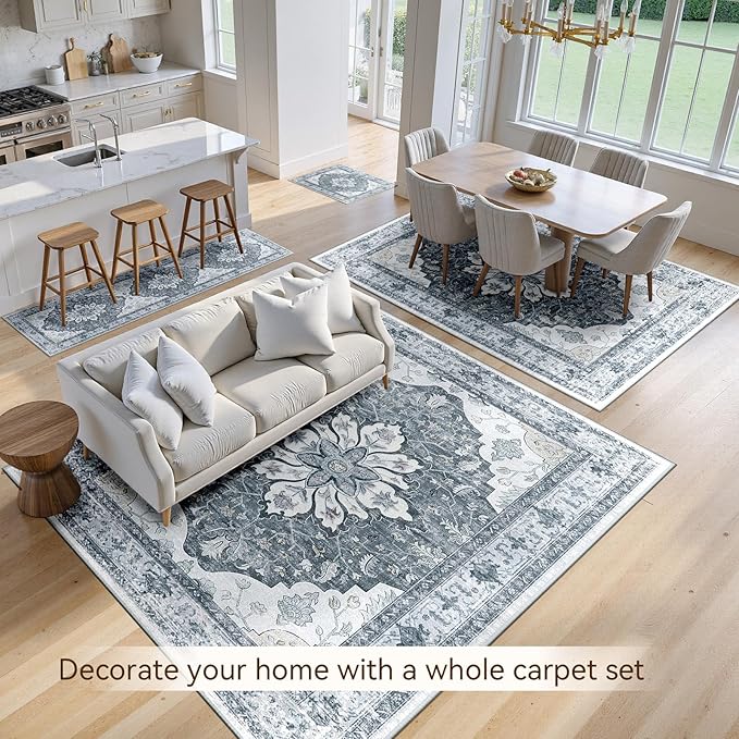 Area Rugs 5'x7' Washable Non-Slip, Floral Vintage Distress Print Pattern - Image 4