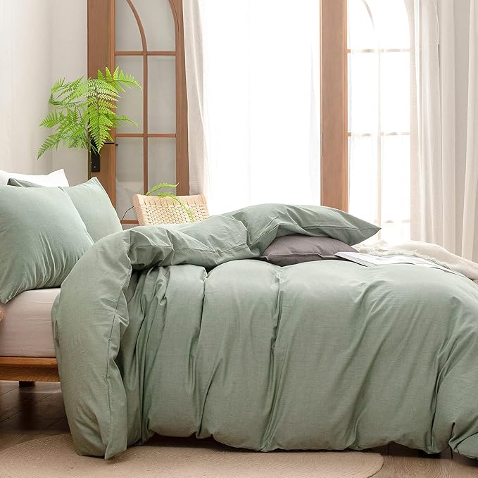 BESTOUCH Duvet Cover Set 100% Washed Cotton Linen Feel Super Soft Comfortable Chic Lightweight 3 PCs Home Bedding Set Solid Green King