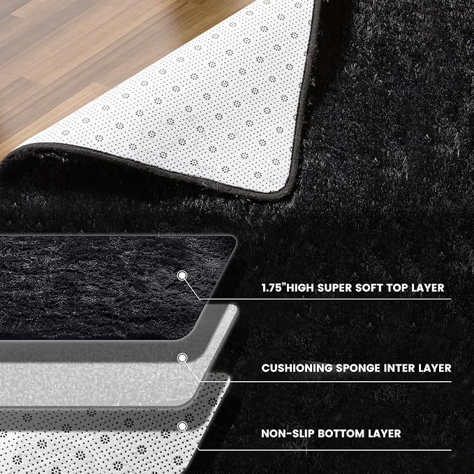 KNZE Super Soft Area Rugs for Living Room 5x7 Black, Fluffy Furry Shaggy Fuzzy - Image 6