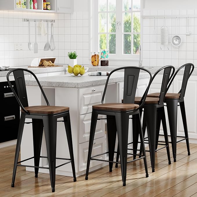 Yongqiang 26 inch Bar Stools Set of 4 High Back Metal Kitchen Counter Height Bar Chairs Barstools with Large Wooden Seat Industrial Matte Black