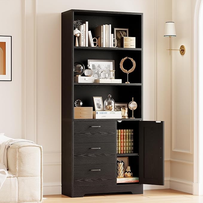 IRONCK Bookshelf with Door and 3 Drawers, 71in Tall Bookcase Shelf with 3-Tier Shelves, for Bedroom Living Room Entrance Hallway Home Office