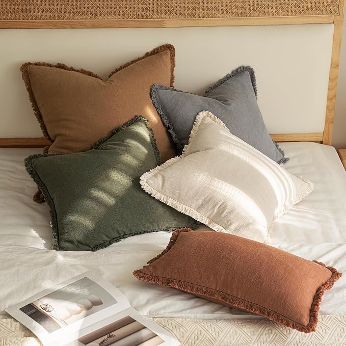 MIULEE Decorative Throw Pillow Covers Neutral Linen Fringe Throw Pillows Euro - Image 4