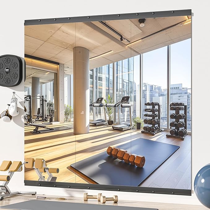 Hasipu 3 Pcs 55''x20'' Home Gym Mirror Large Full Length Wall Mounted Full Body Mirror for Yoga Dance Fitness Exercise Studio Bedroom Garage, Frameless Tempered Glass Workout Mirrors Black Rectangular